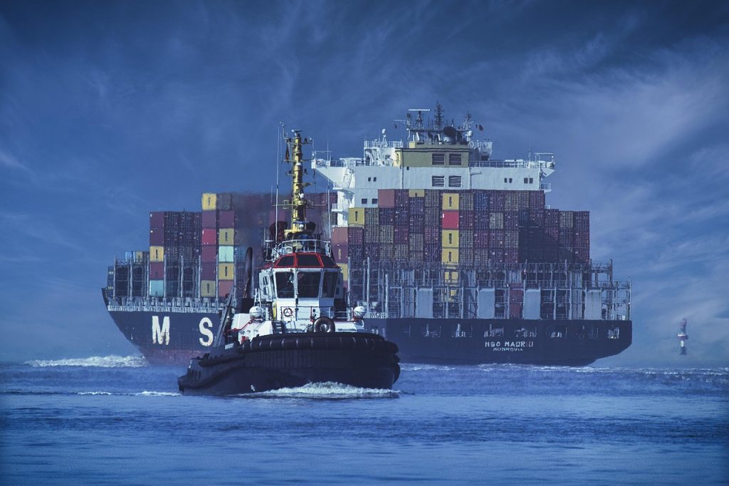 ship, container ship, tractor, seafaring, shipping, container, logistics, freight